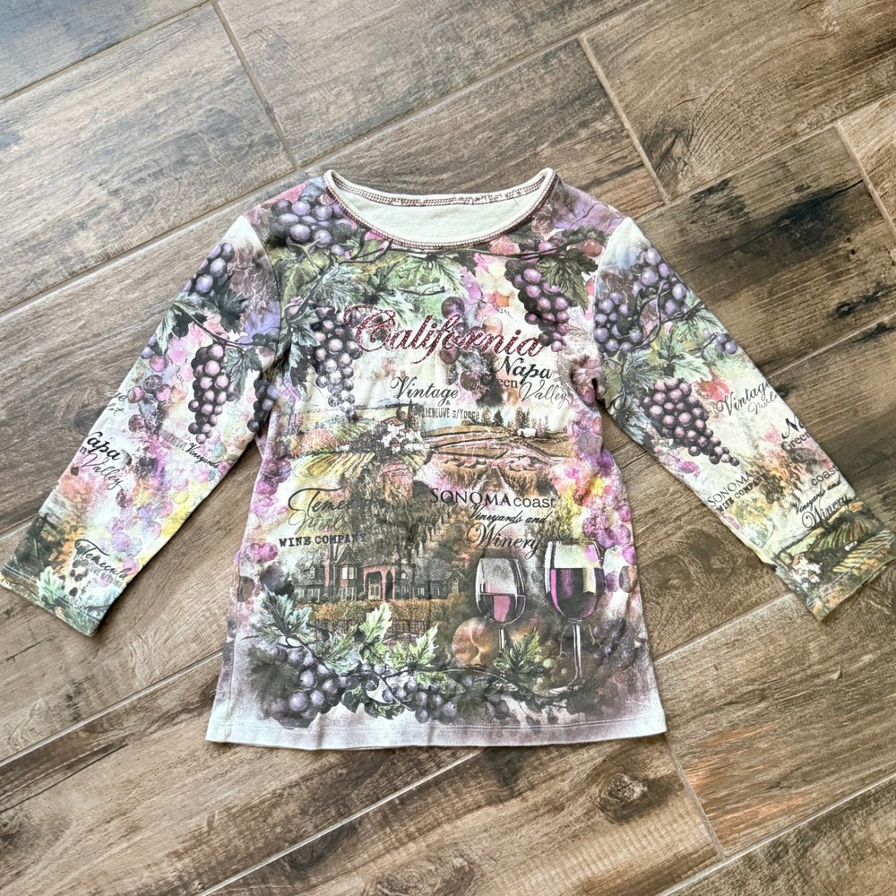 Cactus Women Y2K Napa CA Vineyard Winery Print Long Sleeve Top, Multicolor, S